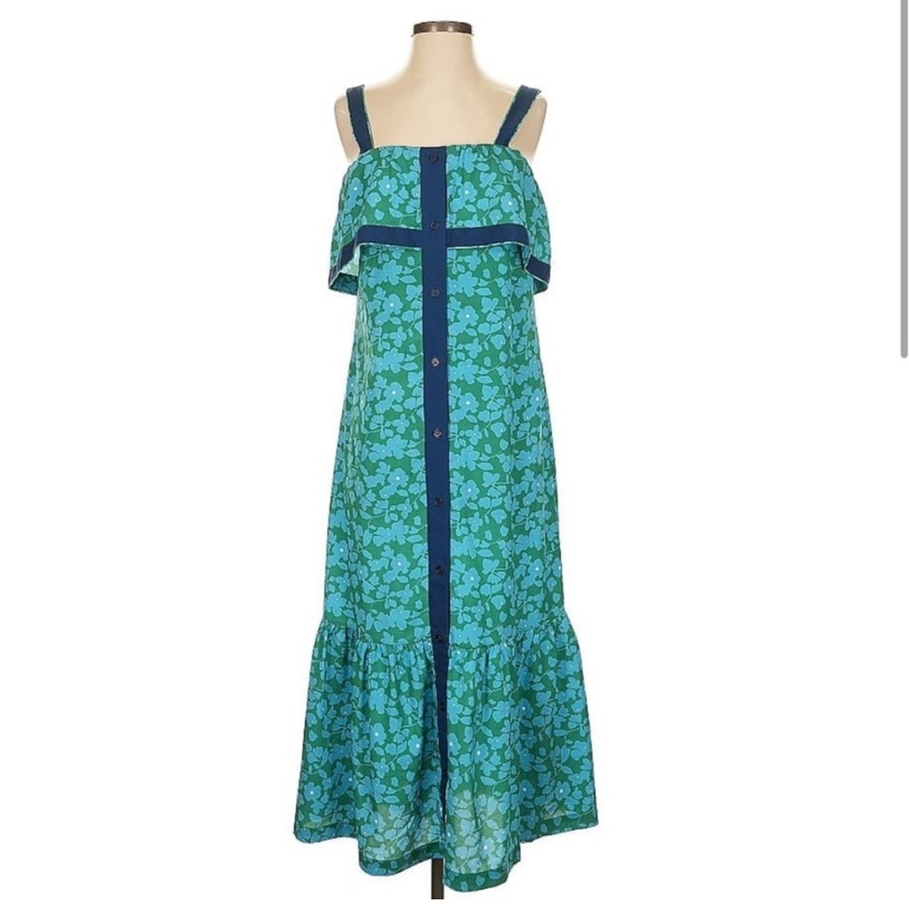 Derek Lam Teal and Navy Floral Ruffle Maxi Dress